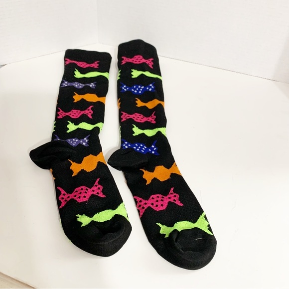 Pair Black Knee-High Compression Sports Socks with Wrapped Candy Print🟠🟣⚫️🟢💗 - Picture 2 of 4